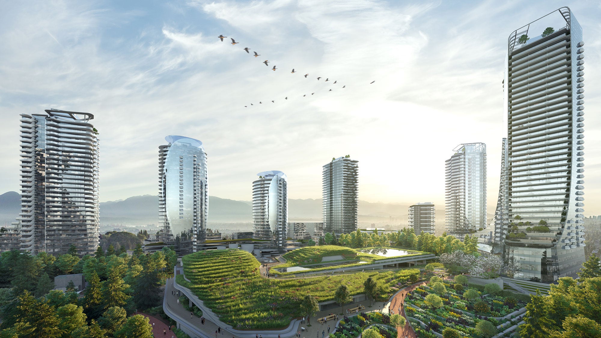 Futuristic skyline of tall, sleek buildings surrounded by lush greenery. Aerial view showcases park-like roofs, walking paths, and birds flying above.