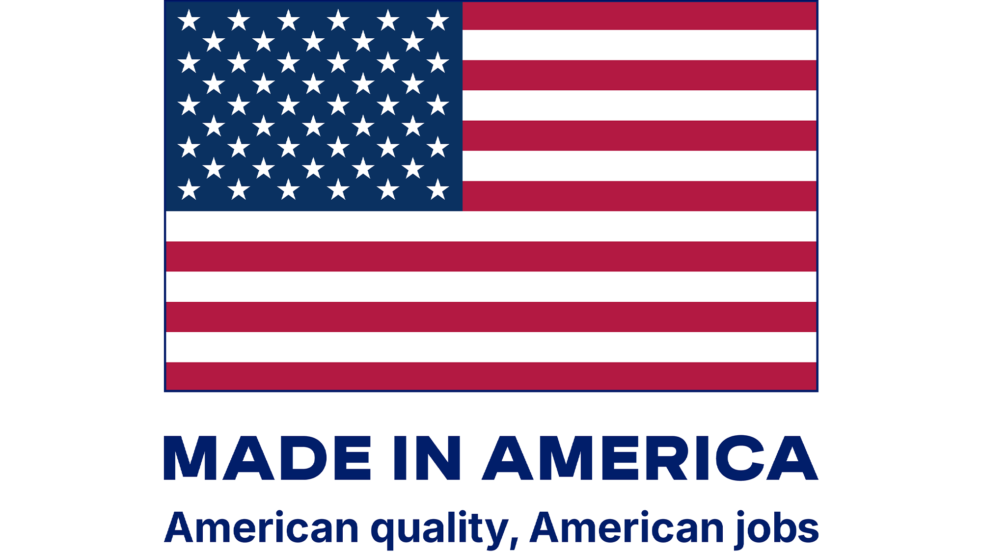 Un logo de drapeau américain avec les mots « qualité américaine, emplois américains » écrits en dessous