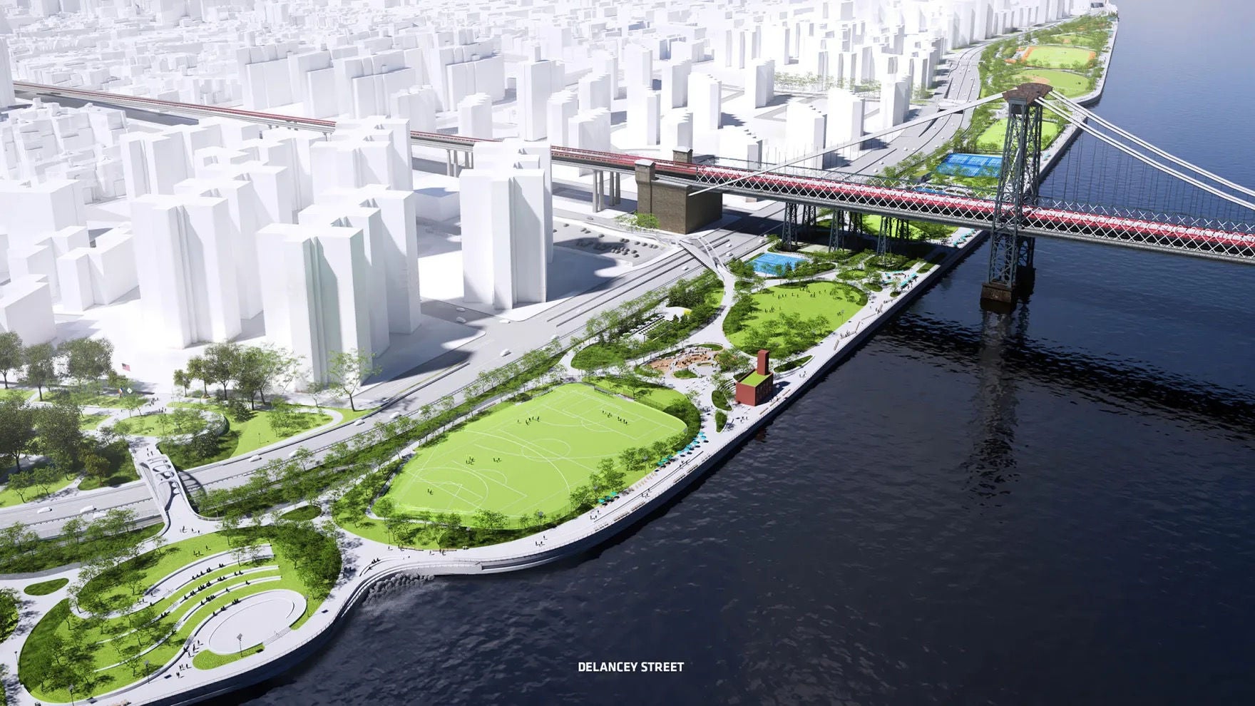 Rendu informatique des espaces verts et des parcs pour piétons le long du front d’eau de Manhattan