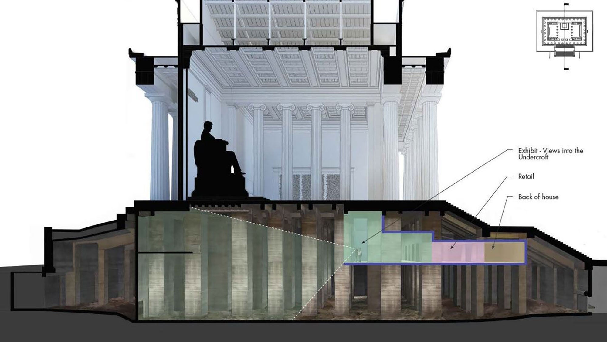 A map of the undercroft of the Lincoln Memorial, showing where visitors will be able to go, and where the viewpoint is located, plus a new retail area. 