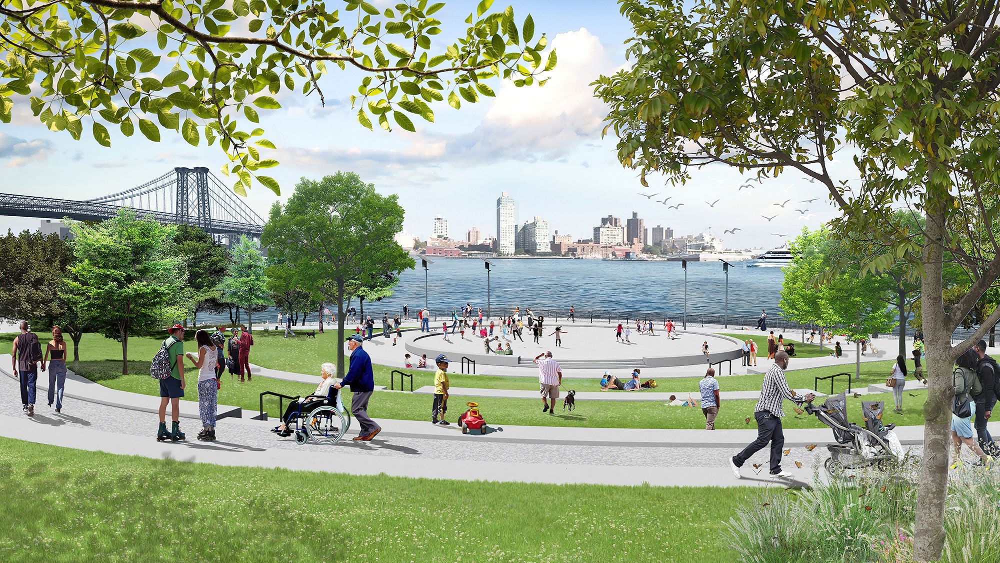 Render of a bustling waterfront park in New York City with a circular public plaza, grassy lawns with diverse visitors.