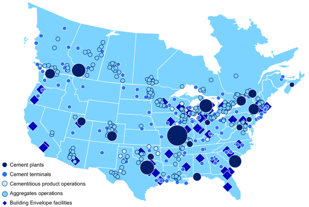 A large map of North America with dots demonstrating the location of Amrize facilities