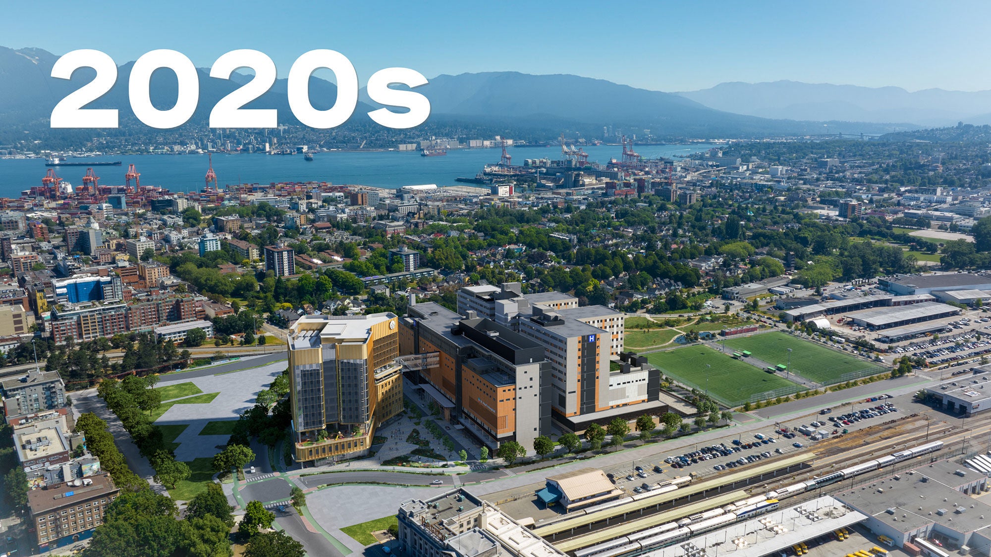 Aerial view of a construction site for a large building amidst an urban landscape, with cranes and city skyline in the background. Bold white text "2020s" sits above.
