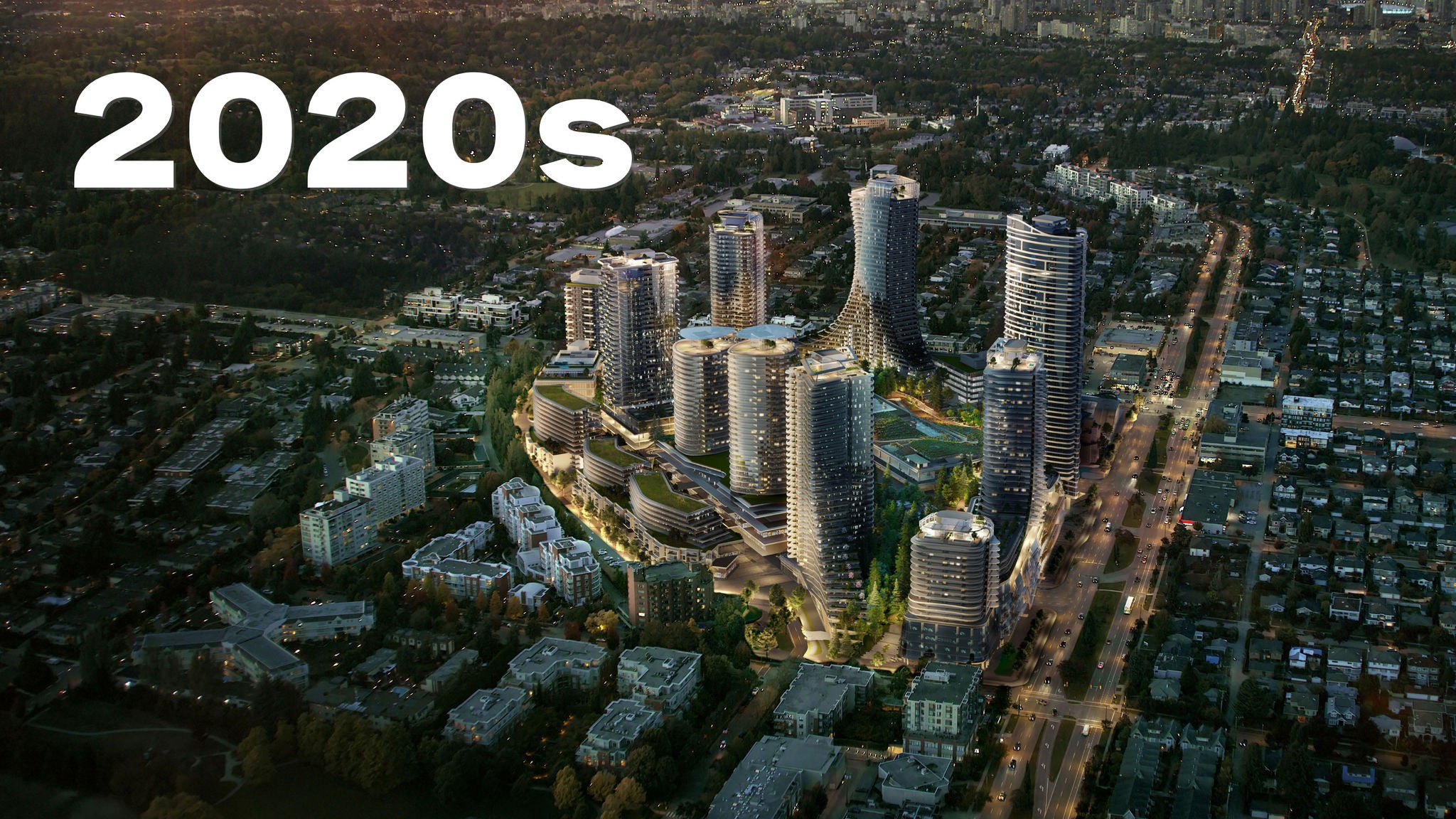 Aerial view of a modern urban skyline featuring sleek high-rise buildings with curved designs surrounded by greenery, labeled "2020s." Urban, futuristic atmosphere.