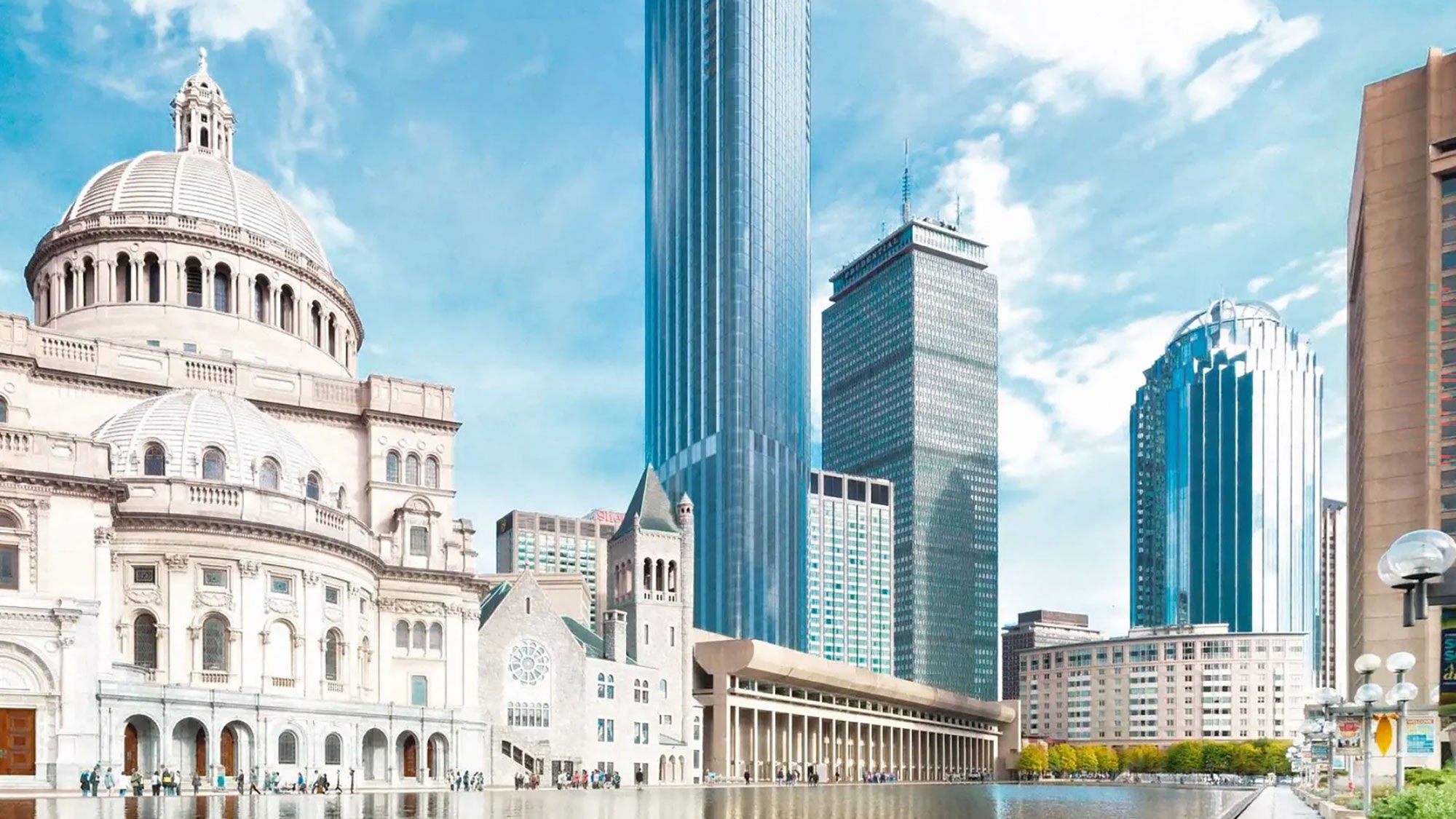 View of a large, beige state house set infront of a collection of skyscraper