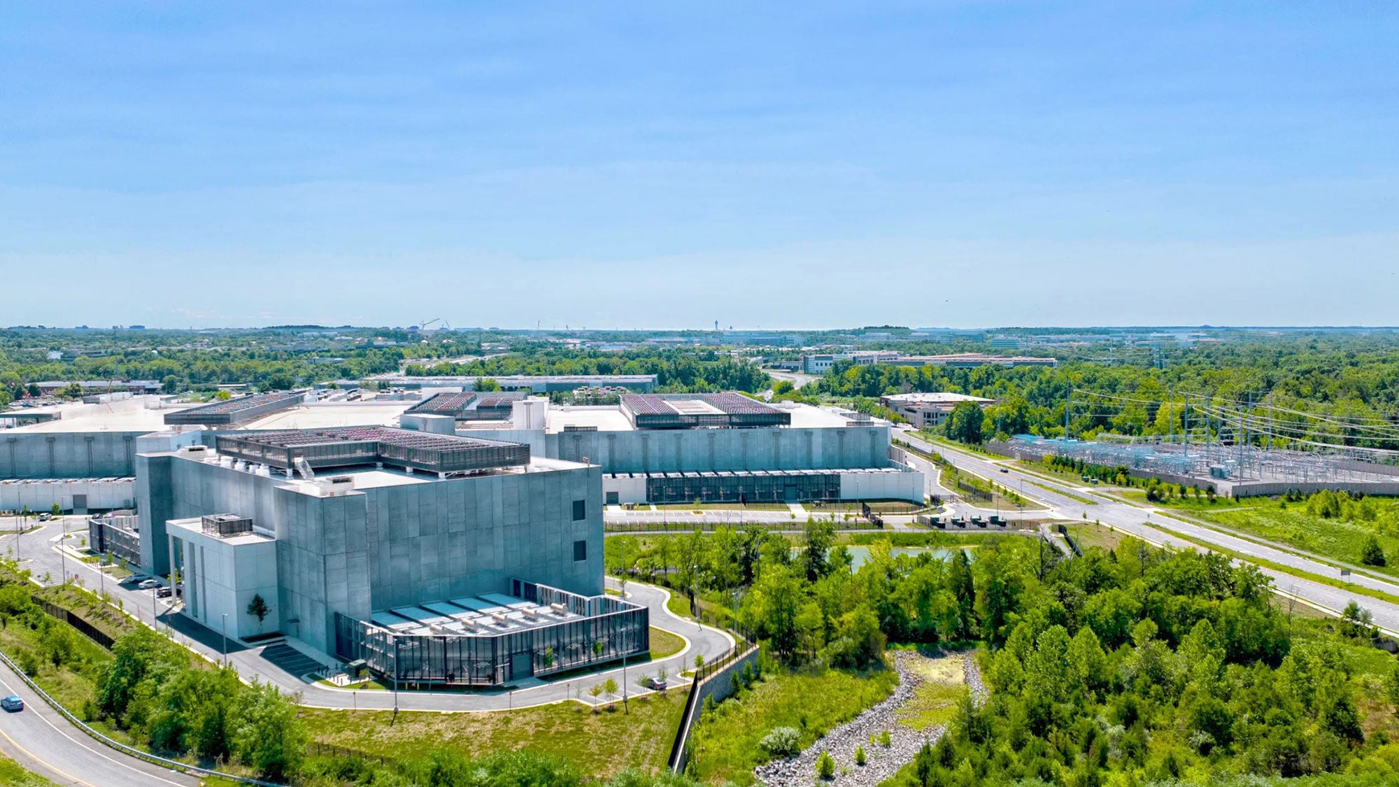A large data center campus seen from a distance